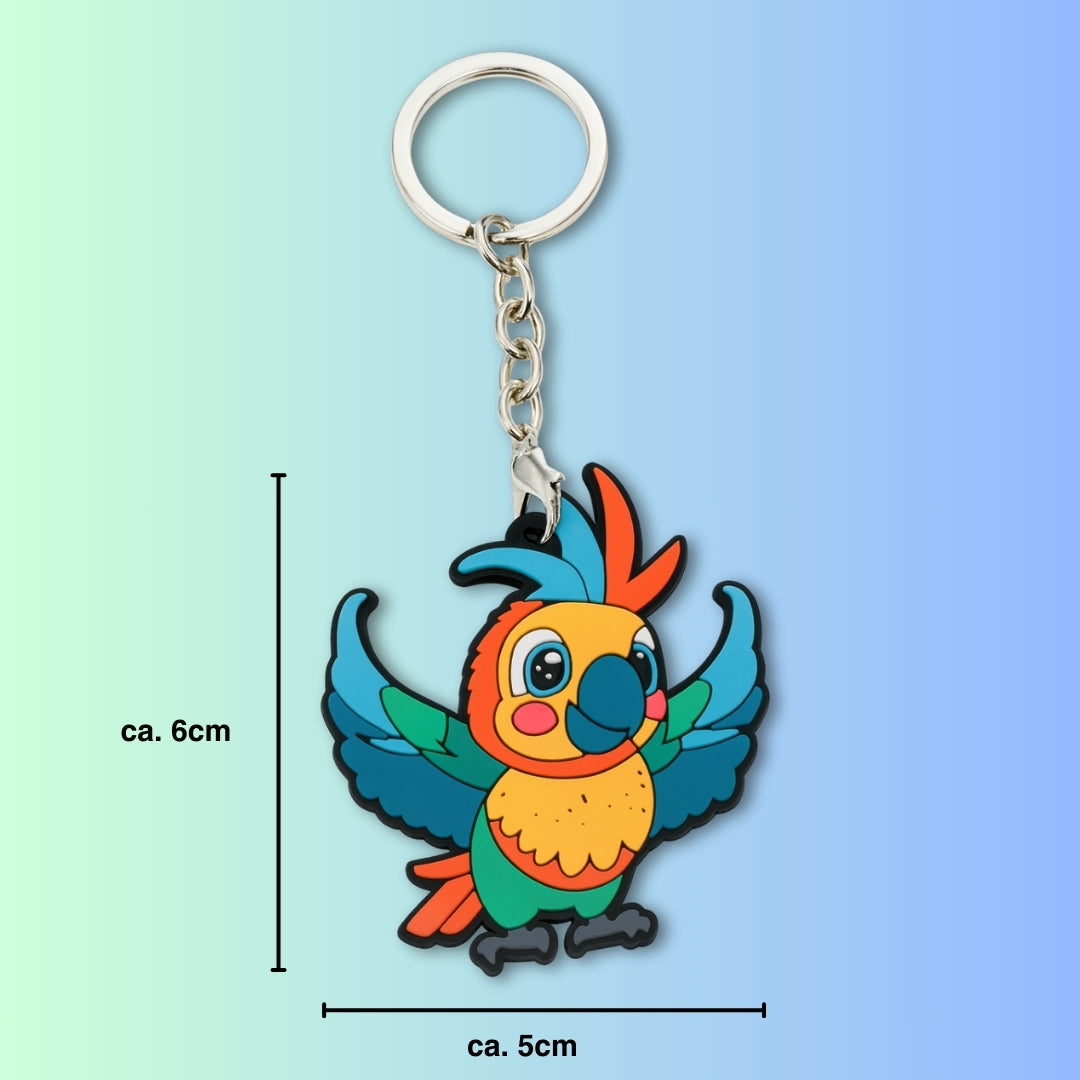 Papagei Schlüsselsanhänger bemaßt (6x5cm) auf blau-grünem Farbverlauf Hintergrund