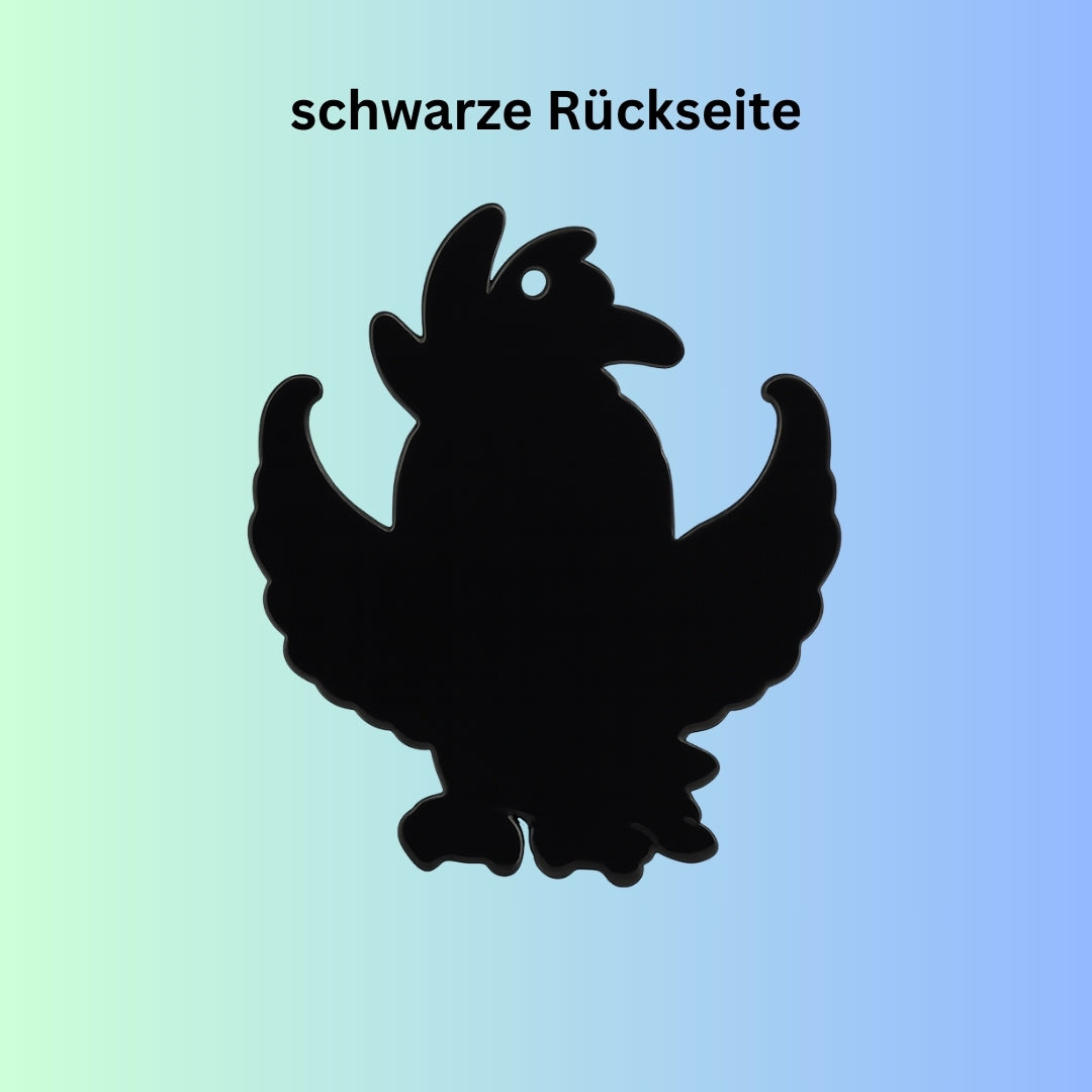 Papagei Schlüsselsanhänger schwarze Rückseite auf blau-grünem Farbverlauf Hintergrund