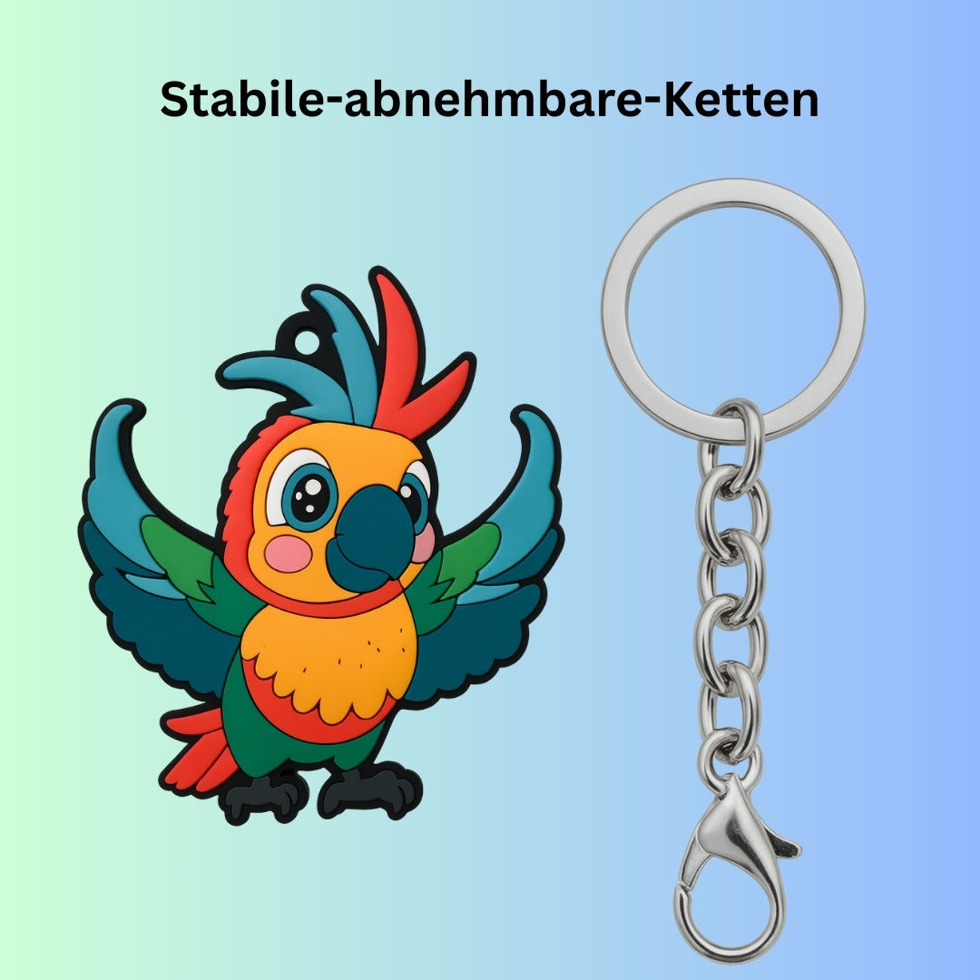 Papagei Schlüsselsanhänger getrennt von seiner Kette auf blau-grünem Farbverlauf Hintergrund