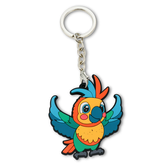 Bunter Papagei Schlüsselanhänger aus PVC auf weißem Hintergrund
